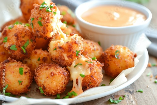 Bites of fried mac and cheese with sauce for dipping