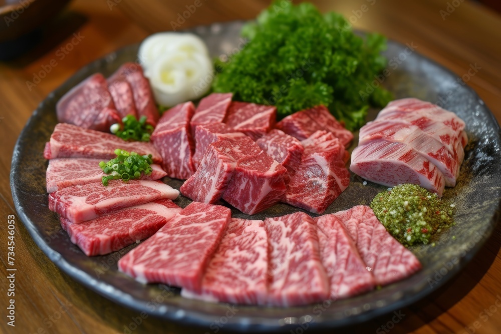 an A5 wagyu hida beef set served on a platter an A5 wagyu hida beef set served on a platter