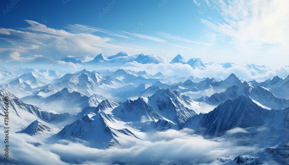Majestic mountain peak, snow covered landscape, tranquil sky generated by AI