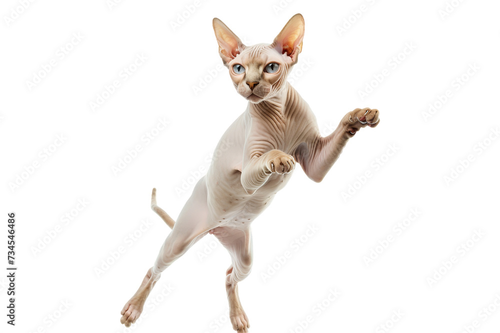 Sphynx cat jumping, isolated on transparent background.