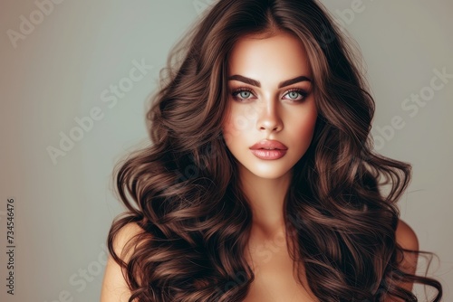 Beautiful woman model with voluminous shiny wavy hair that is brunette