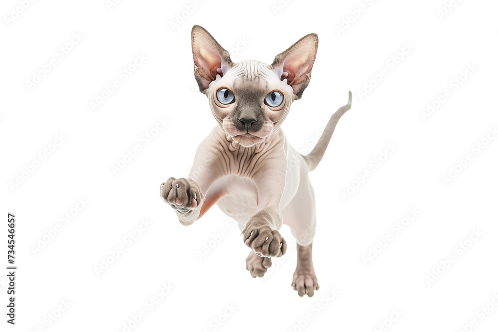 Sphynx cat leaping toward the camera. Isolated on transparent background.