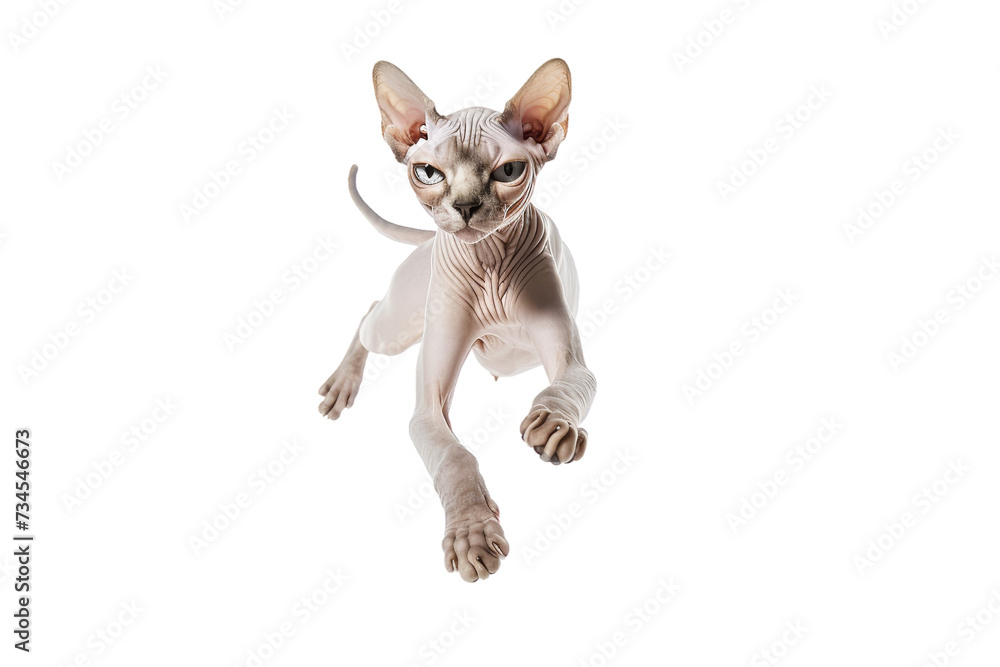 Sphynx hairless cat galloping toward the camera, isolated on transparent background.