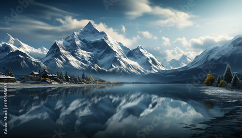 Majestic mountain range reflects tranquil beauty of nature landscape generated by AI