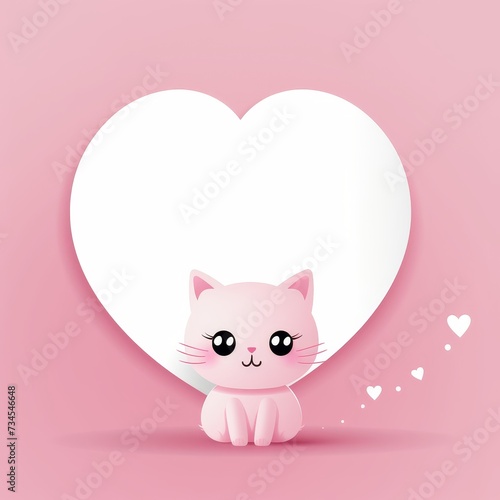 Digital illustration notepad template of an adorable pink cartoon cat sitting in front of a heart-shaped background, perfect for Valentine's Day.