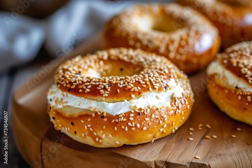 Breakfast with freshly baked sesame seed and plain bagels accompanied by cream cheese