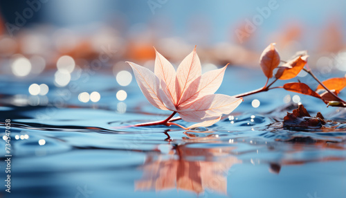Vibrant autumn leaves reflect in tranquil pond, showcasing nature beauty generated by AI