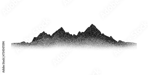 Stippled grain mountain range. Dotted landscape terrain silhouette. Black grainy hill chain. Grunge noise mountain peak background. Dot work texture wallpaper. Vector scenery ridge illustration