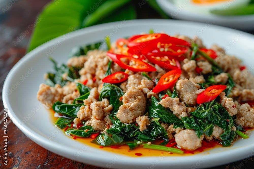 Basil minced pork eggs and bean curd stir fried in a white plate Basil minced pork eggs and bean curd stir fried in a white plate