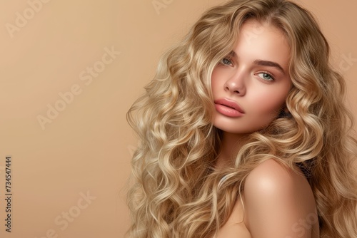 Blonde woman with long curly hair on beige backdrop attractive and free copy space