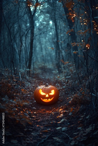 Glowing Halloween Pumpkin in Twilight Forest