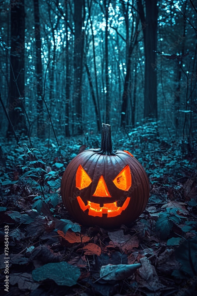 Glowing Halloween Pumpkin in Twilight Forest Glowing Halloween Pumpkin in Twilight Forest