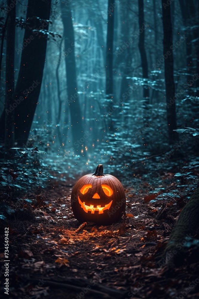 Glowing Halloween Pumpkin in Twilight Forest Glowing Halloween Pumpkin in Twilight Forest