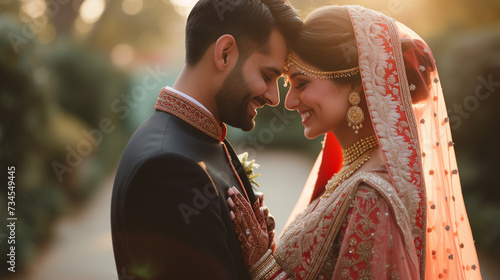 Happy candid portrait of Indian wedding couple in the evening during susnset. photo