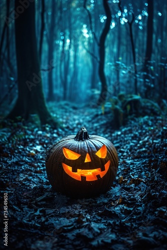 Glowing Halloween Pumpkin in Twilight Forest © Rudsaphon