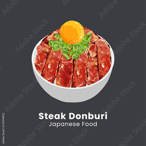 Hand drawn vector illustration of steak donburi japanese meat grill with egg York on top menu