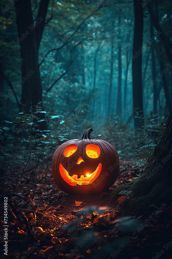 Glowing Halloween Pumpkin in Twilight Forest Glowing Halloween Pumpkin in Twilight Forest