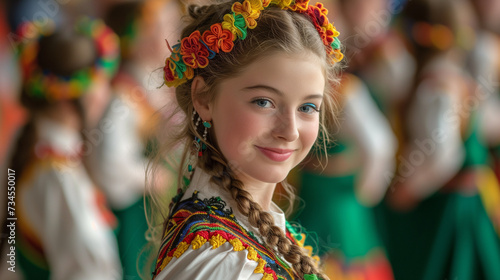 Cute Irish girl in traditional cultural dress during a festival.