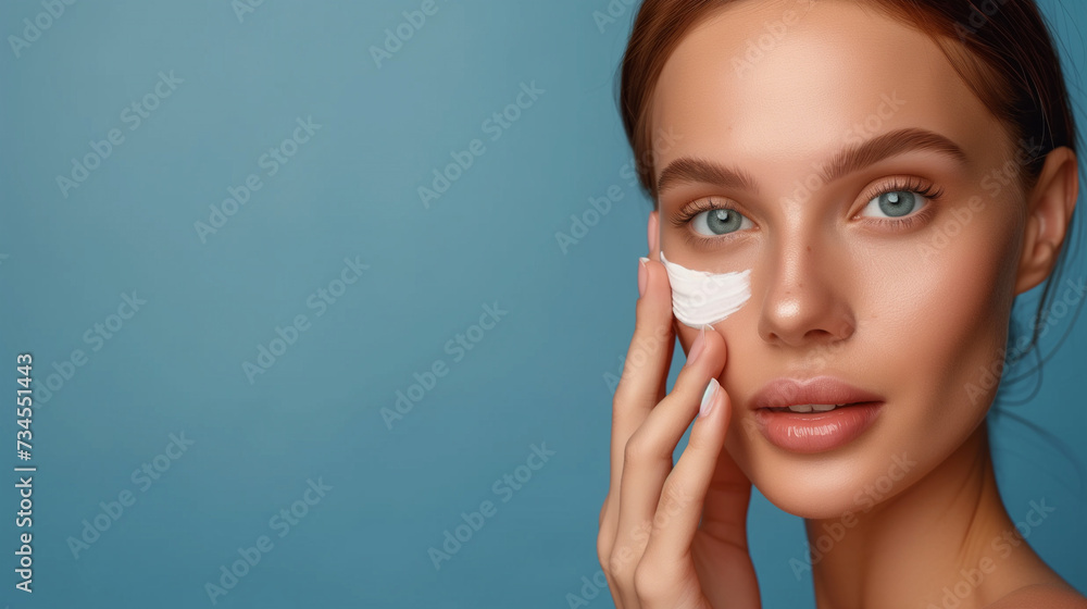 Woman applying moisturizer cream on face, skincare routine with space for text Woman applying moisturizer cream on face, skincare routine with space for text