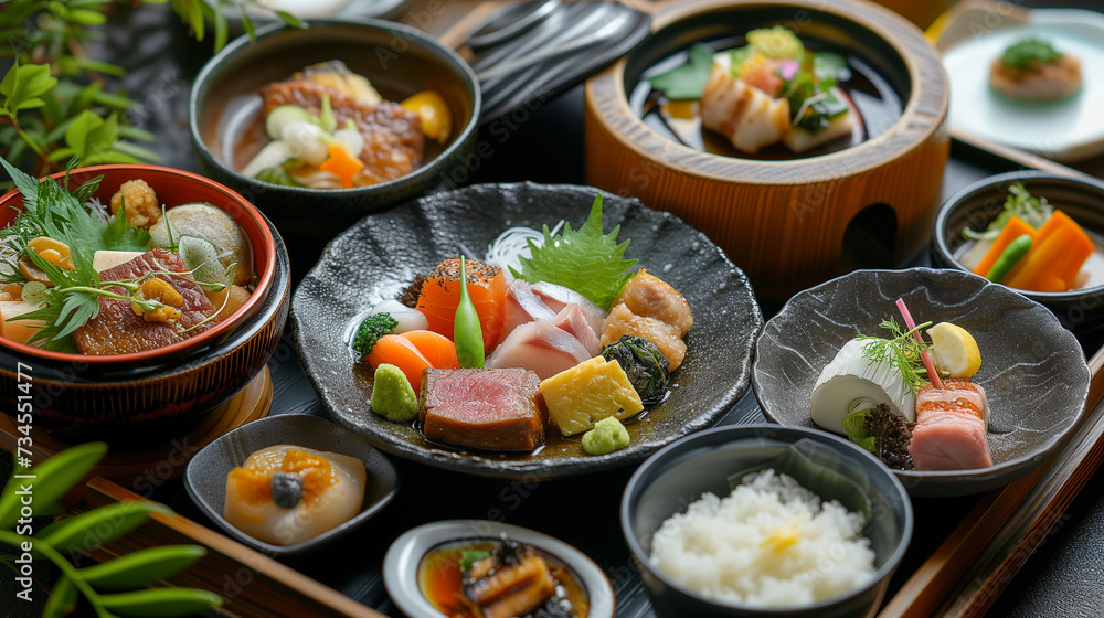 Japanese kaiseki multi-course meal on display. Japanese kaiseki multi-course meal on display.