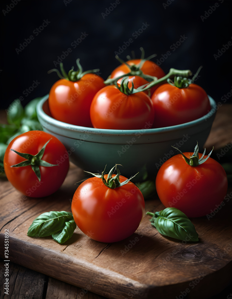 Fresh ripe red tomatoes on a rustic wooden table, healthy organic food photography. Fresh ripe red tomatoes on a rustic wooden table, healthy organic food photography.