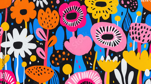 Colorful naive art floral background, vibrant hand-drawn flowers for creative design projects, textiles, and decor.