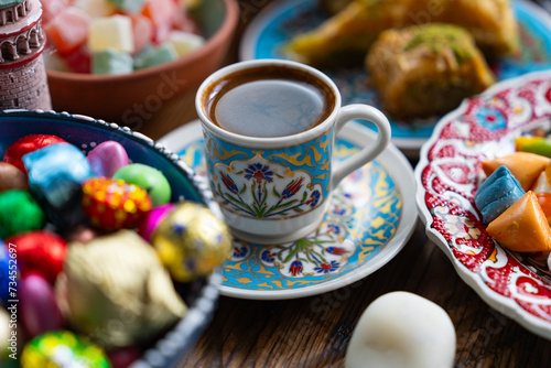 Turkish Coffee in the Colorful Eid Candy and Chocolate, Traditional Ottoman Desserts, Turkish Delight and Baklava Photo, Üsküdar Istanbul, Turkiye (Turkey)