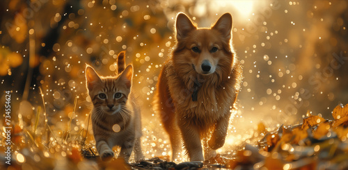 A red cat and his furry friend, a dog, are walking in the grass. Summer under the warm rain drops © PT