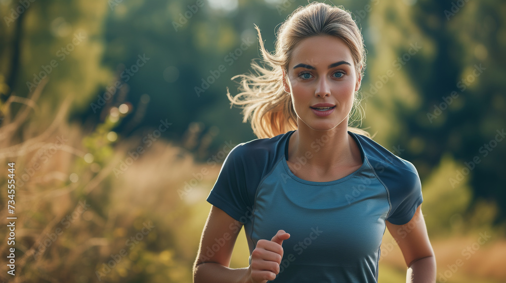 Young blond woman running on a trail outdoors. Composed with copy space. Young blond woman running on a trail outdoors. Composed with copy space.