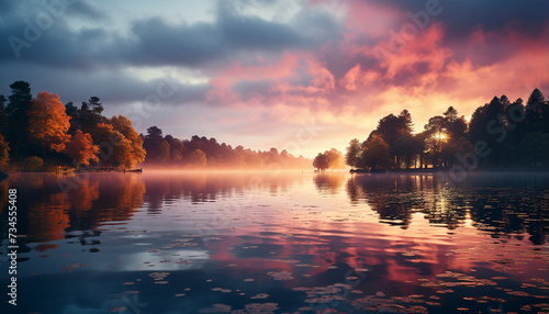 Tranquil scene sunset reflects on water, nature vibrant beauty generated by AI