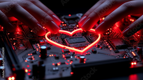 Two hands form a heart shape over a glowing red circuit board, symbolizing love for technology