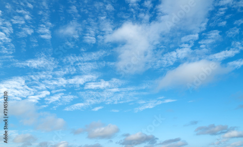 Spring blue sky cloud gradient background. Cloudy sky. Vivid cyan blue landscape in environment day horizon skyline view. White clouds on soft sky background. White cloudy sky.