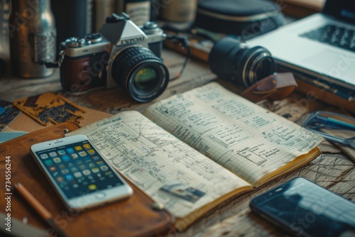 Essential Travel Items on Leather - Map, Retro Camera, and Smartphone for Adventure