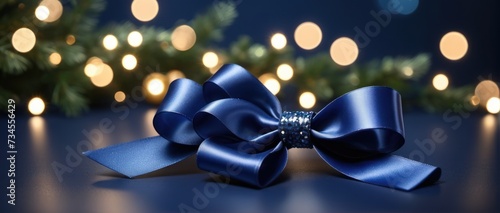 Dark blue satin ribbon bow on sparkling background.