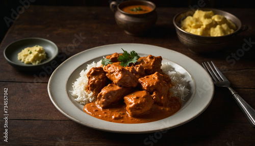 A serving of butter chicken arranged elegantly on a vintage white plate, juxtaposed against the deep, earthy tones of a dark wooden table, creating a visually striking composition