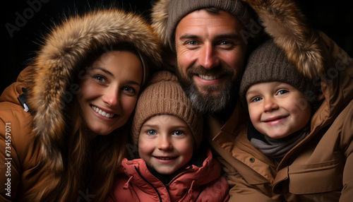 Smiling winter child, cheerful family embracing nature beauty generated by AI