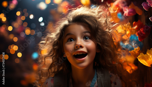 Smiling child, cute portrait, joyful girls, playful winter celebration generated by AI