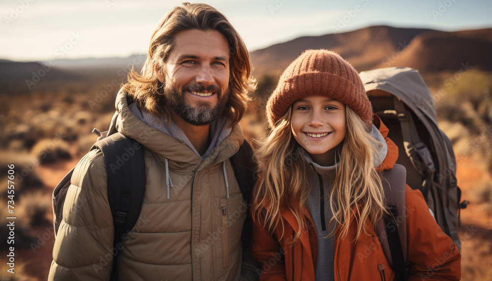 Smiling men hiking in nature, adventure and happiness together generated by AI