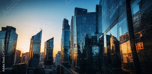 Business City buildings with many glass windows in sunset banner. Abstract business background with city arhitecture. Panoramic city skyline .Reflective skyscrapers business office buildings