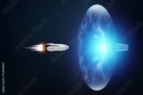 Rocket spaceship flies into a tunnel or wormhole. Science Fiction  space travel  overcoming the speed of light. 3D illustration  3d rendering  copy space.