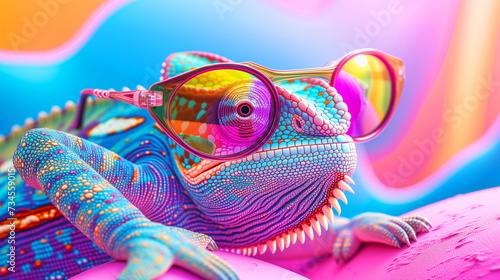 colorful chameleon with psychedelic patterns is wearing sunglasses, set against a vibrant background © weerasak