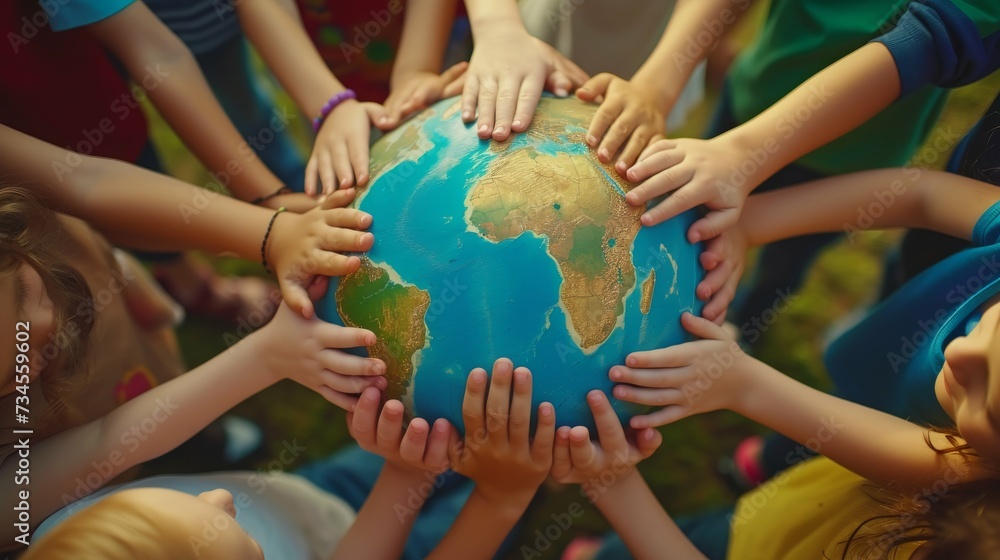 Children hug the earth globe with their hands. Earth Day concept Children hug the earth globe with their hands. Earth Day concept