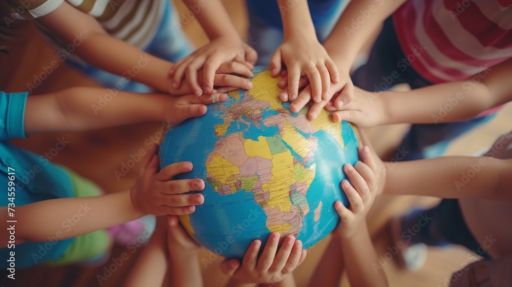 Children hug the earth globe with their hands. Earth Day concept Children hug the earth globe with their hands. Earth Day concept