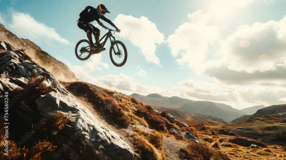 Cyclist Riding the Bike on Autumn Rocky Trail. Extreme Sport and Enduro Biking Concept Cyclist Riding the Bike on Autumn Rocky Trail. Extreme Sport and Enduro Biking Concept