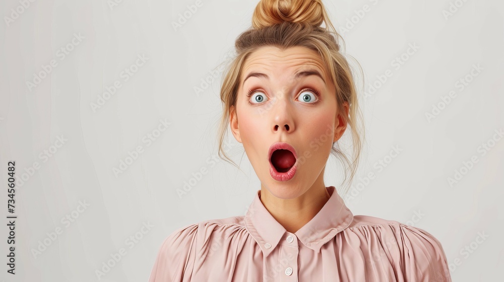 Woman with stunned shocked face. indoor studio shot isolated on white background
Woman with stunned shocked face. indoor studio shot isolated on white background