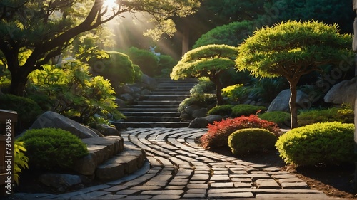 Beautiful japanese garden with a bricks walkway winding its way through at morning with sunlight rays from Generative AI photo