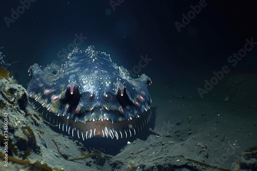 An ominous snapshot of a predatory mollusk lurking in the depths of the ocean