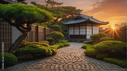 Beautiful japanese garden with a bricks walkway winding its way through at sunset from Generative AI