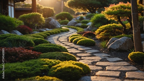 Beautiful japanese garden with a bricks walkway winding its way through at sunset from Generative AI
