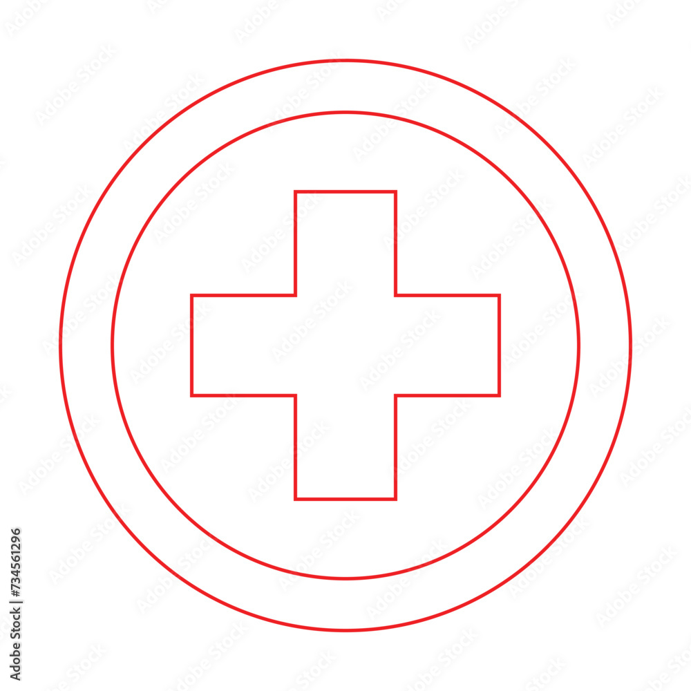 Fototapeta premium Red cross first aid circle outline sign medicine Symbol health hospital care icon Isolated white. Emergency medic collection plus logo design for web mobile isolated on background